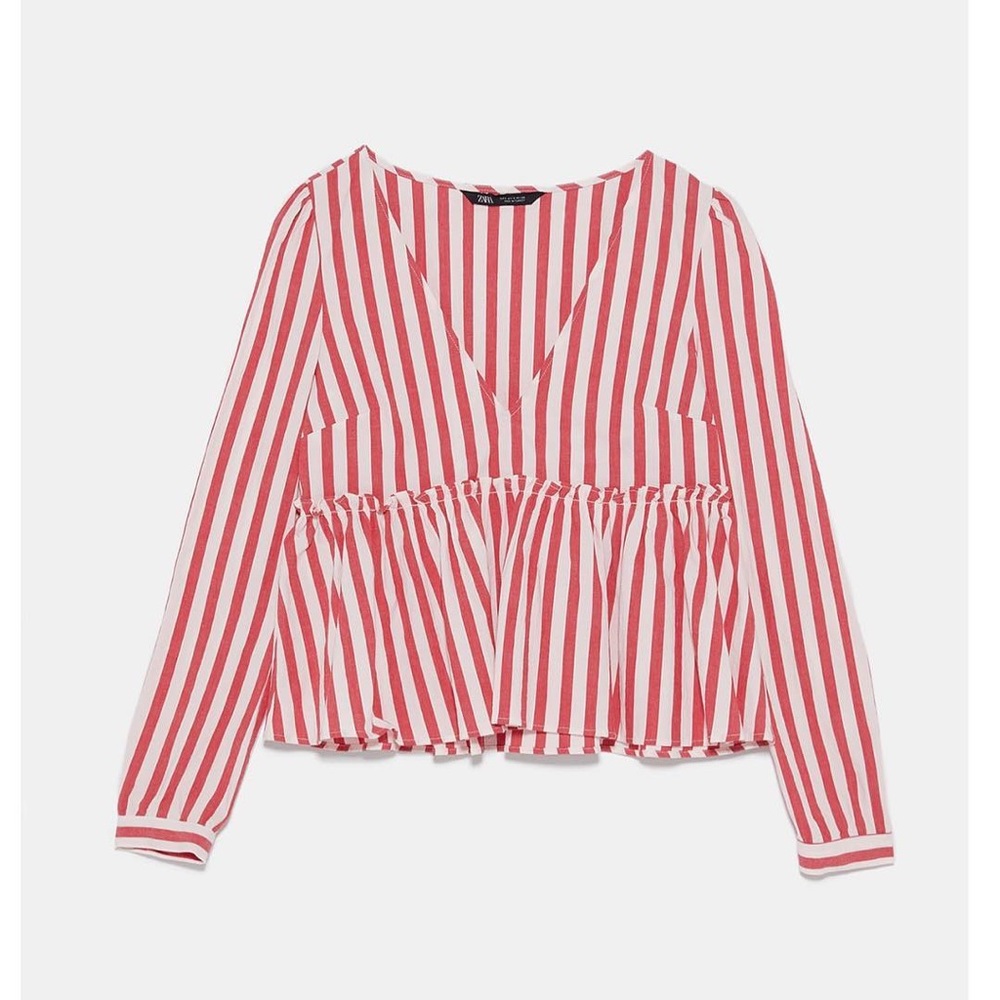 Zara Red Pinstripe Peplum Top NWOT